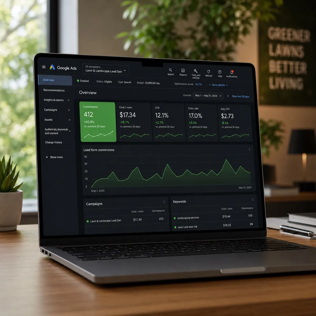 Google Ads campaign dashboard for landscaping companies