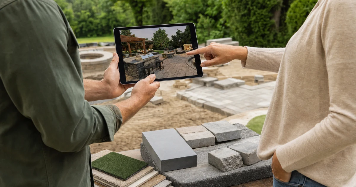 A contractor and a homeowner looking at a 3D patio design on a tablet beside paver and stone samples at a backyard job site