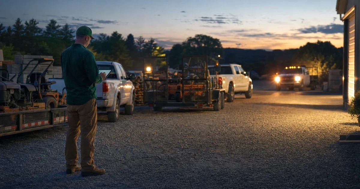 A landscaping company owner checking a tablet in a gravel equipment yard at dusk, loaded crew trucks and trailers parked behind and another truck pulling out with its headlights on