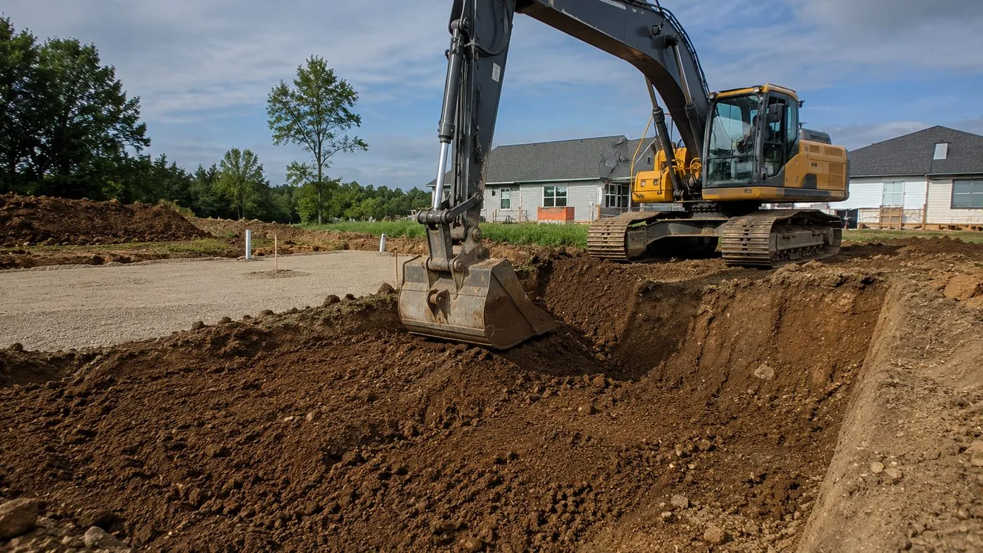 A hydraulic excavator digging and grading a site at a residential development