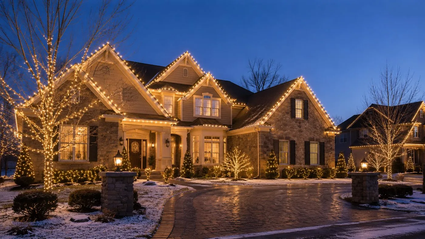 A home with professional roofline holiday lights and wrapped trees glowing at twilight in the snow