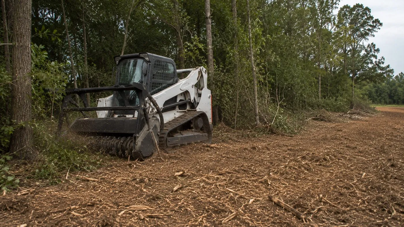 A compact track loader with a forestry mulching head clearing brush along a wood line, with mulched ground in the foreground