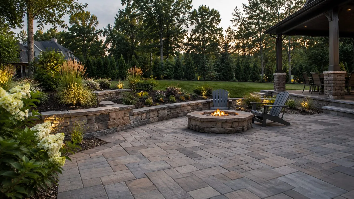 A paver patio with a stone fire pit, retaining-wall plantings, and a covered pavilion at dusk, a finished landscaping and hardscape project
