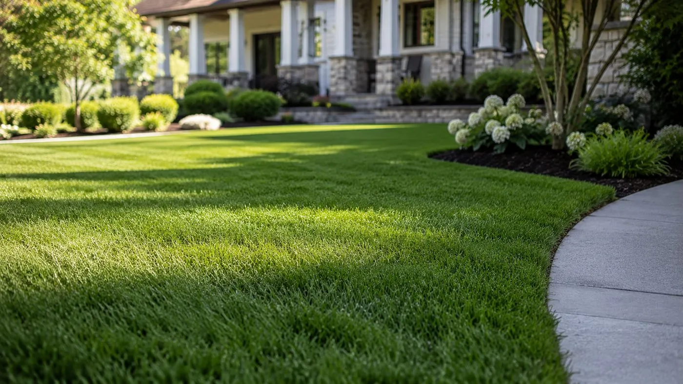 A lush, healthy green lawn in front of a landscaped home, the result of a lawn care treatment program