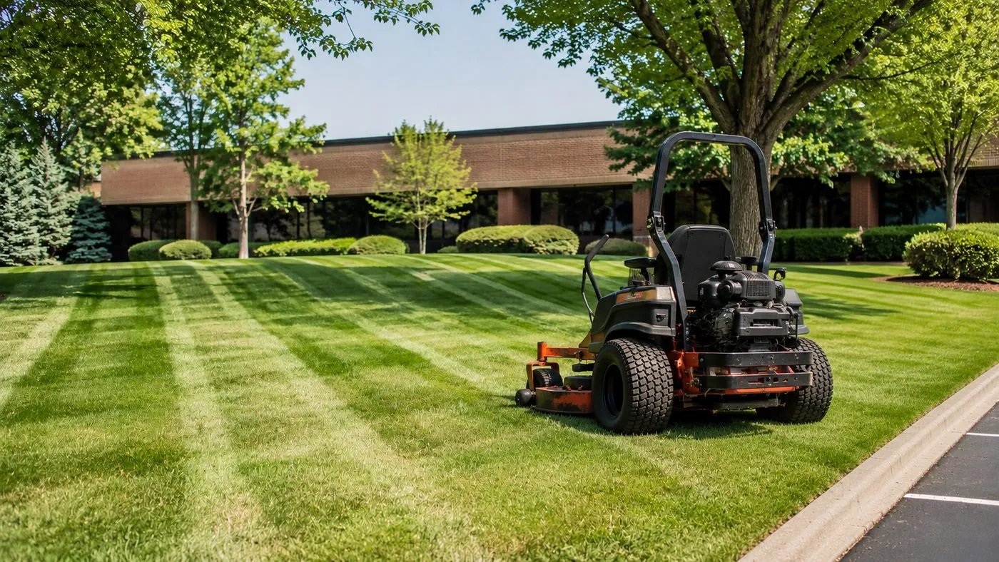A commercial zero-turn mower on a freshly striped green lawn in front of a commercial building
