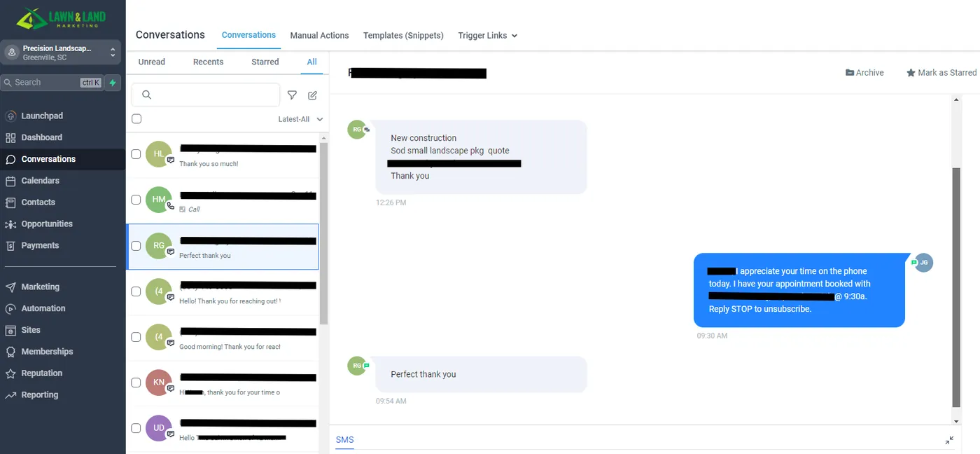 Precision Landscape Management's lead-nurturing CRM inbox, where every phone, form and chat conversation flows through one place (contact details redacted)