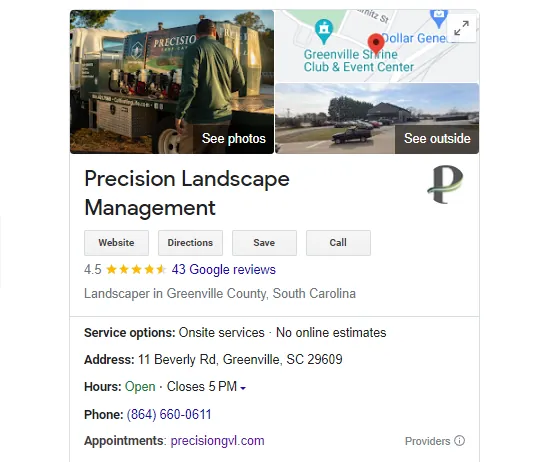 Precision Landscape Management's Google Business Profile early in the engagement: 4.5 stars and 43 Google reviews