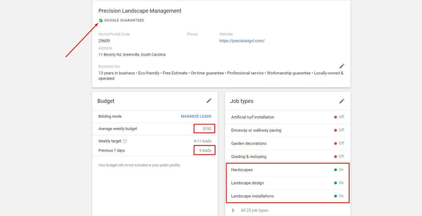 Precision Landscape Management's Google Local Service Ads dashboard: Google Guaranteed, about $250 weekly budget, 9 leads in the previous 7 days, with hardscapes, landscape design and landscape installations turned on