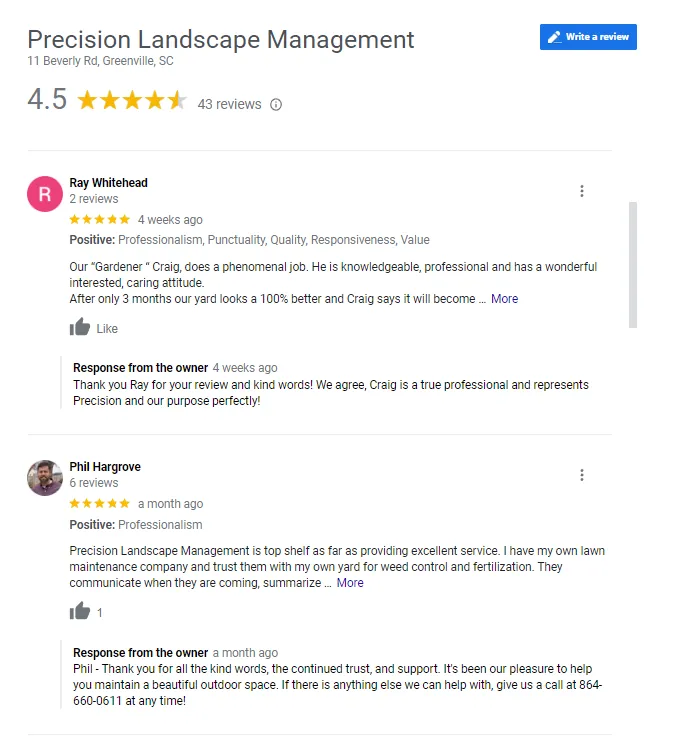 Precision Landscape Management's Google reviews: 4.5 stars from 43 reviews, with the owner responding to each one
