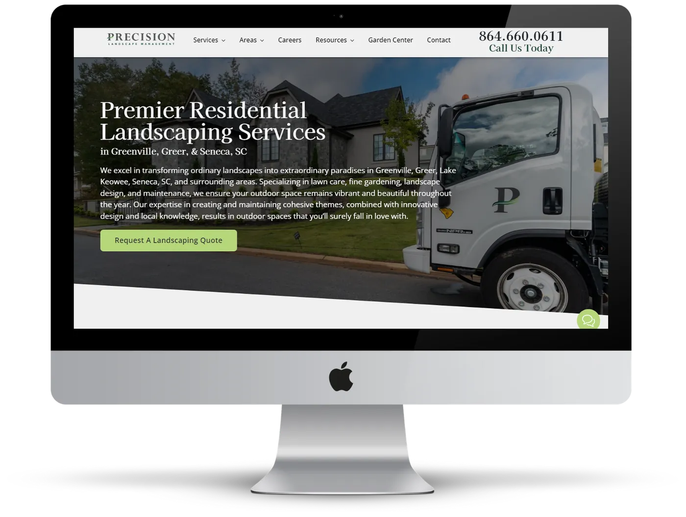 Precision Landscape Management's redesigned website on a desktop, headlined Premier Residential Landscaping Services in Greenville, Greer and Seneca, SC