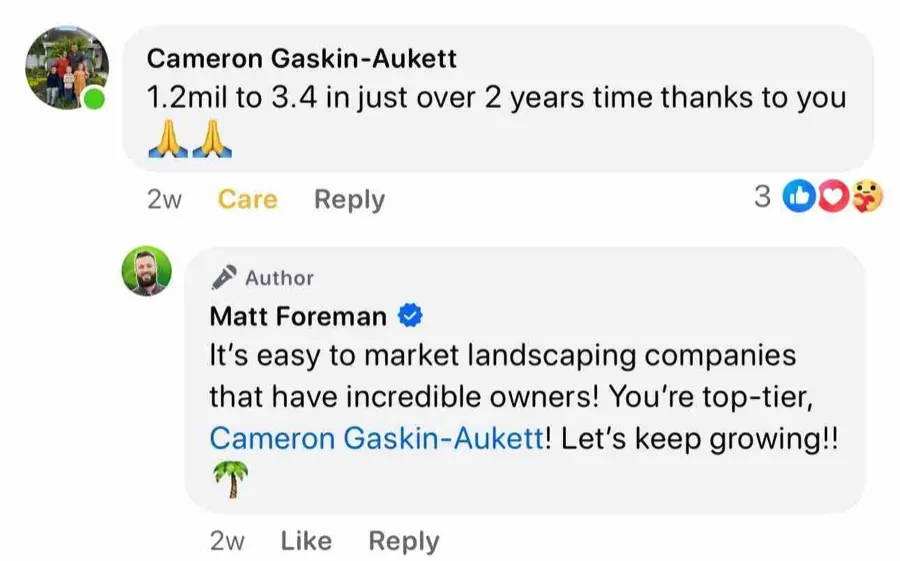 Facebook comment from Cameron Gaskin-Aukett: grew from $1.2 million to $3.4 million in just over two years with Lawn & Land.