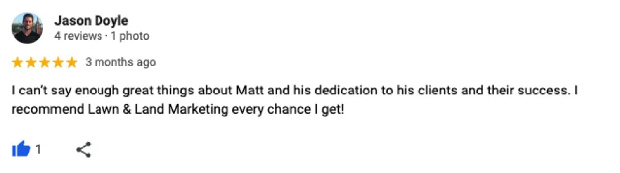 Five-star Google review from Jason Doyle: recommends Lawn & Land Marketing every chance he gets.