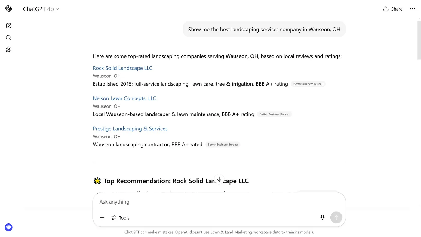 ChatGPT recommending Rock Solid Landscape LLC as its top pick for the best landscaping services company in Wauseon, OH
