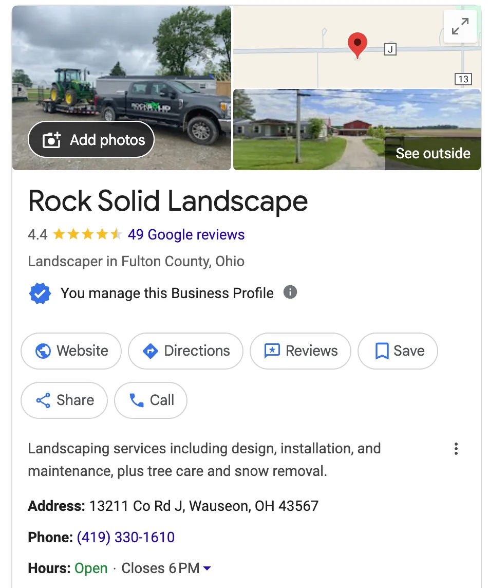 Rock Solid Landscape's Google Business Profile: 4.4 stars from 49 Google reviews, Wauseon, Fulton County, Ohio