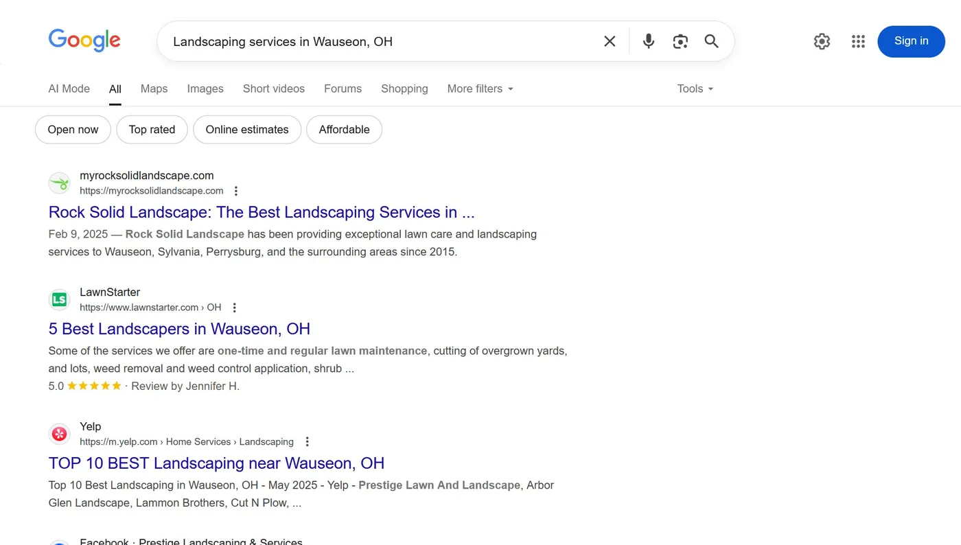 Google search results for landscaping services in Wauseon, OH with Rock Solid Landscape ranking #1, above LawnStarter and Yelp