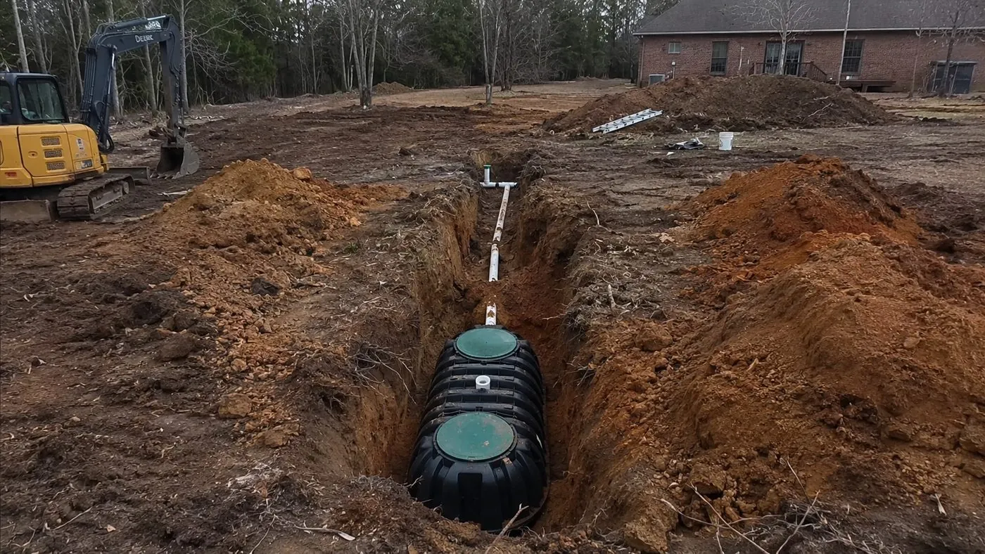 A new septic tank set in an excavated trench with pipe runs at a home, a septic system installation in progress