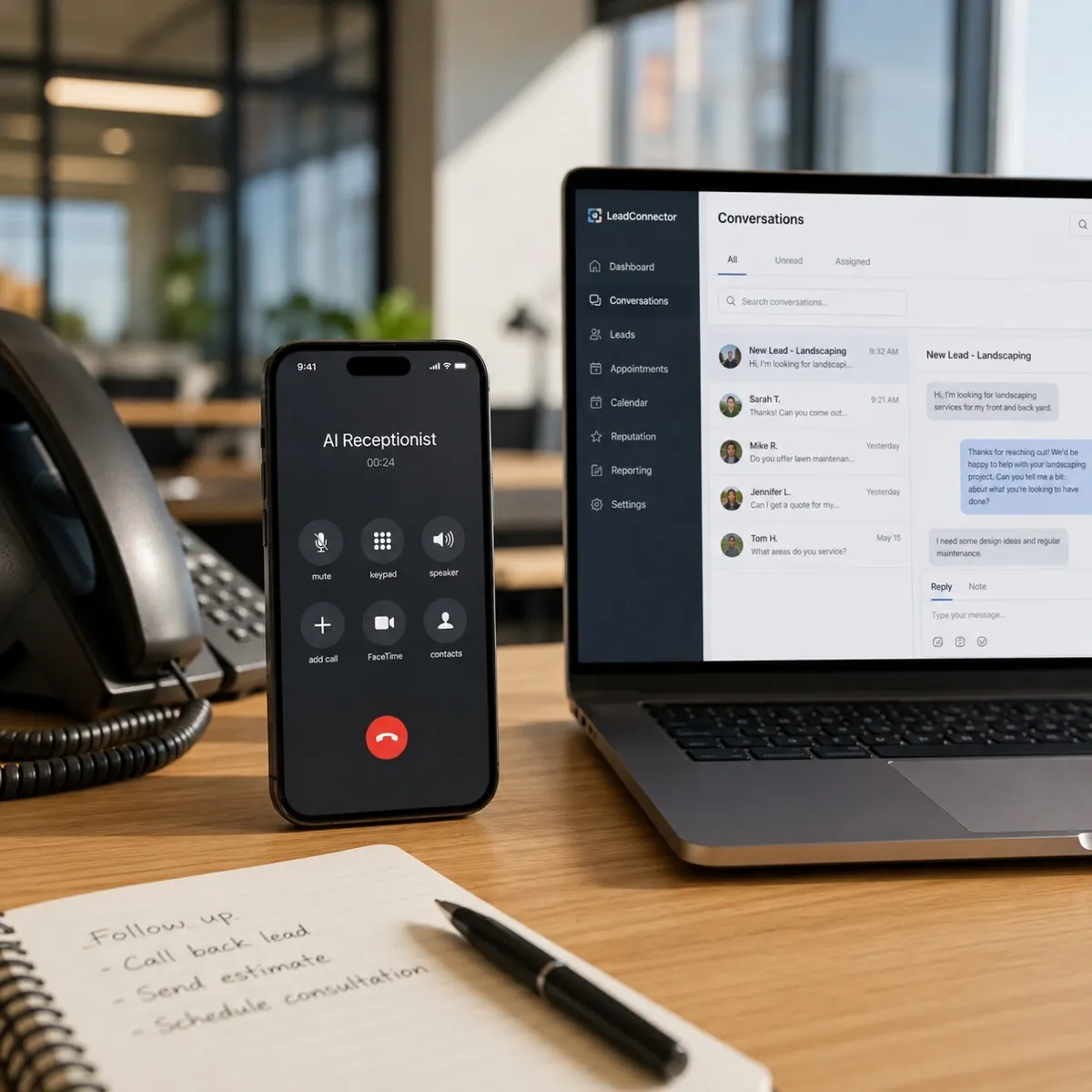 An AI receptionist answering a phone call while new landscaping leads are captured in a CRM inbox for the team to follow up