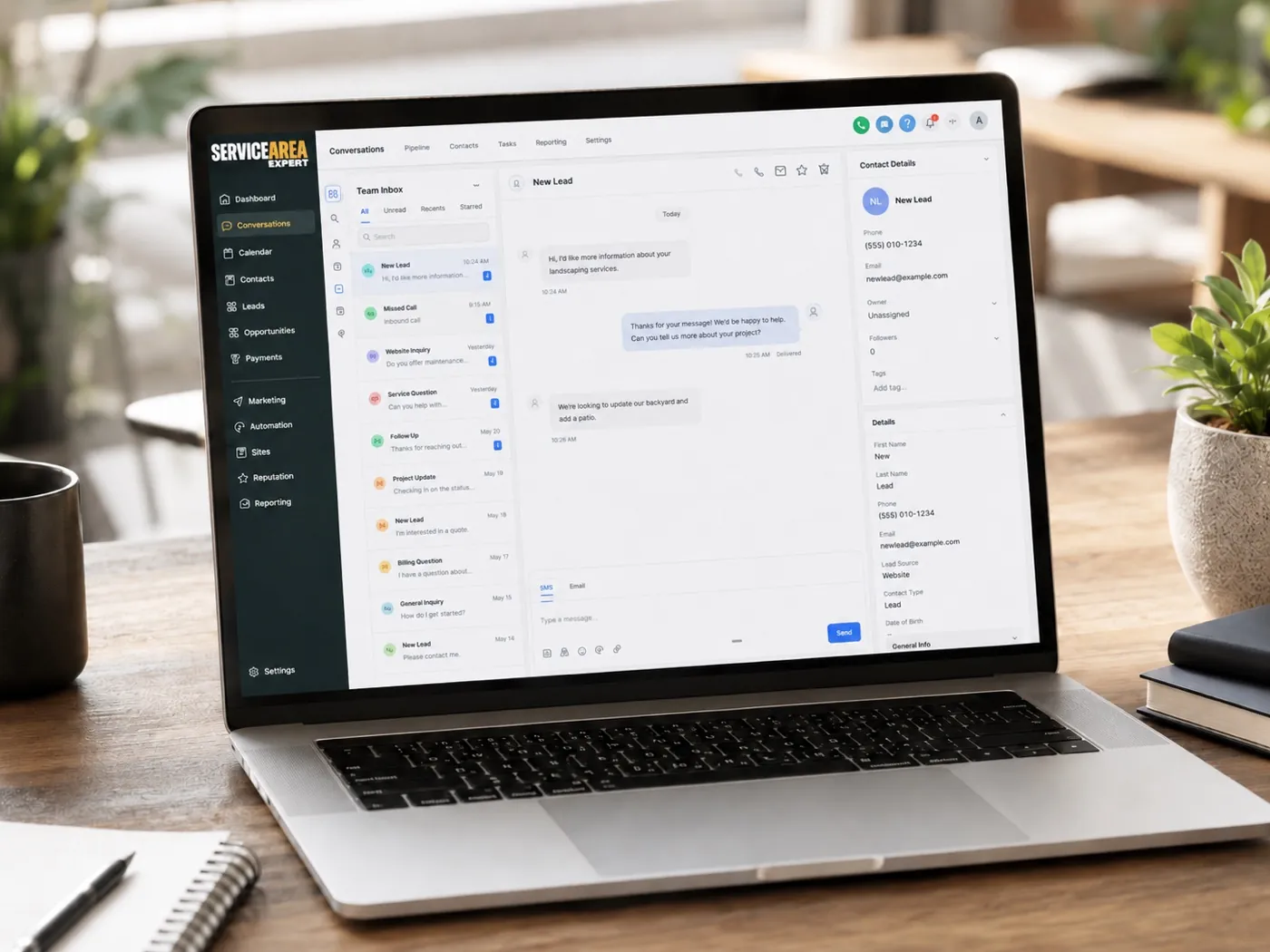 A CRM inbox showing automated lead conversations and follow-up for a landscaping company