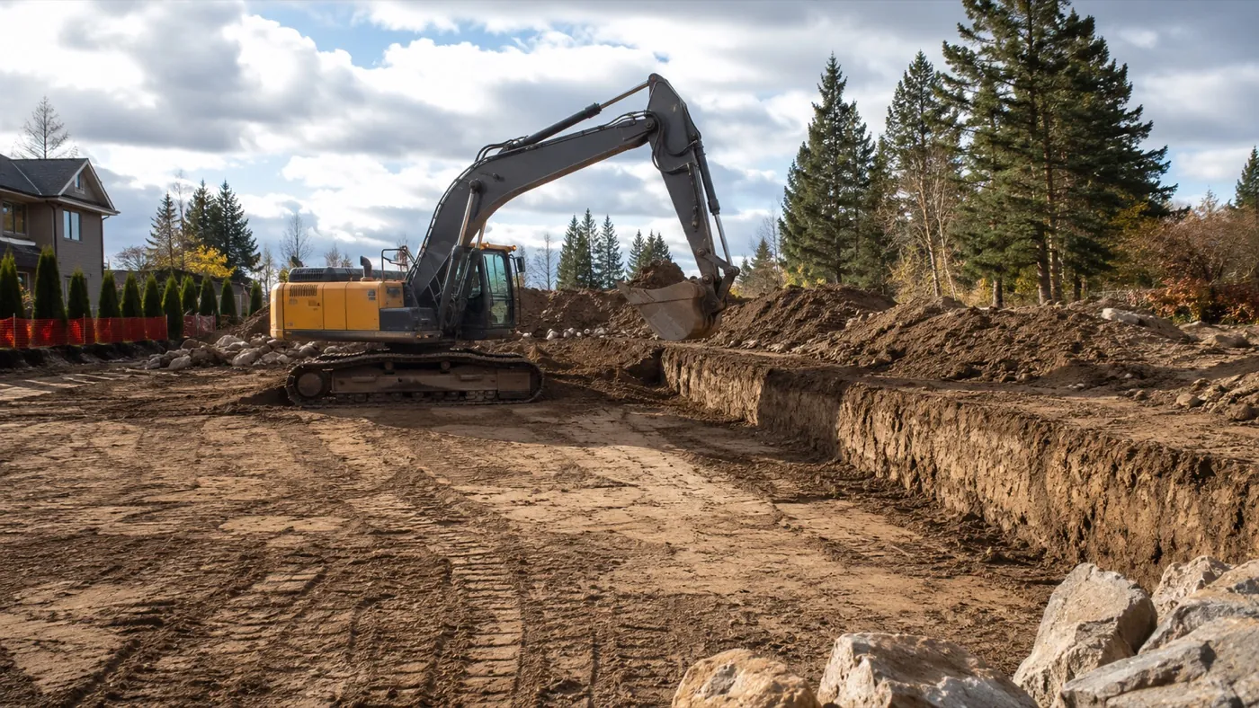 An excavation project with heavy equipment grading and preparing a site