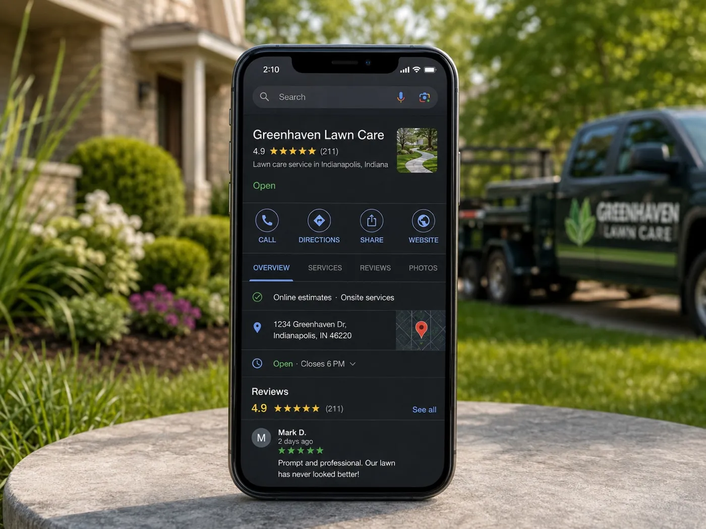 An optimized Google Business Profile for a lawn care company on a phone with strong reviews