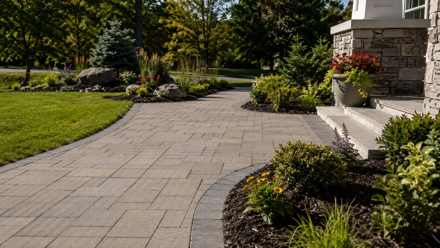 A custom paver patio and hardscape installation in a backyard outdoor living space
