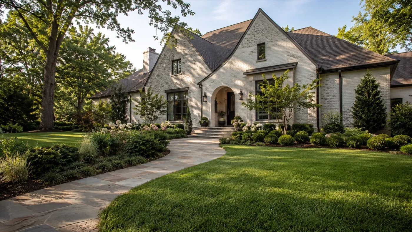 A professionally landscaped front yard with fresh plantings, mulch beds, and clean edging