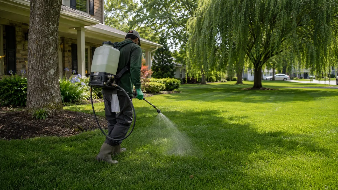 A lawn care technician applying a fertilization treatment to a lush green lawn