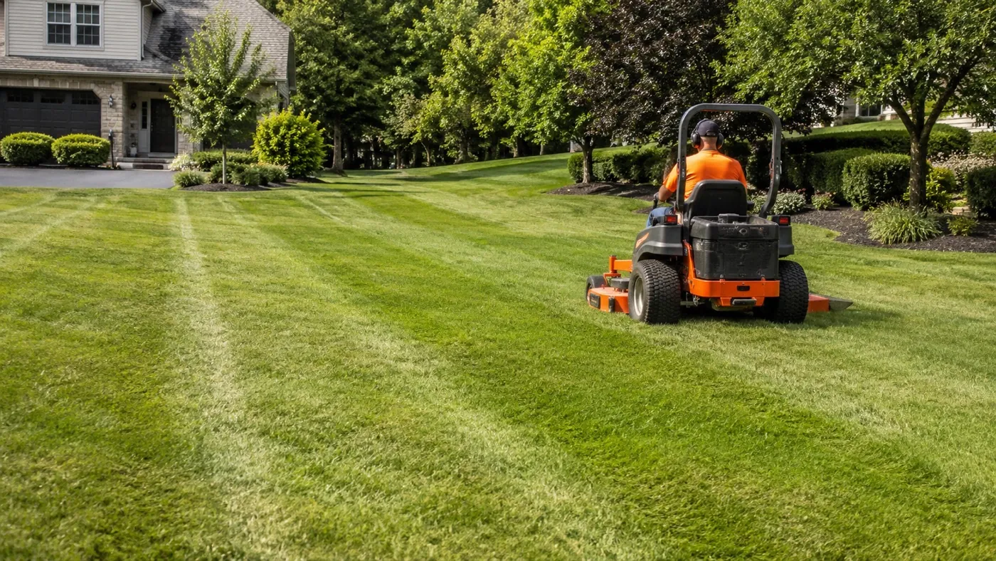 A lawn maintenance crew mowing and maintaining a residential property