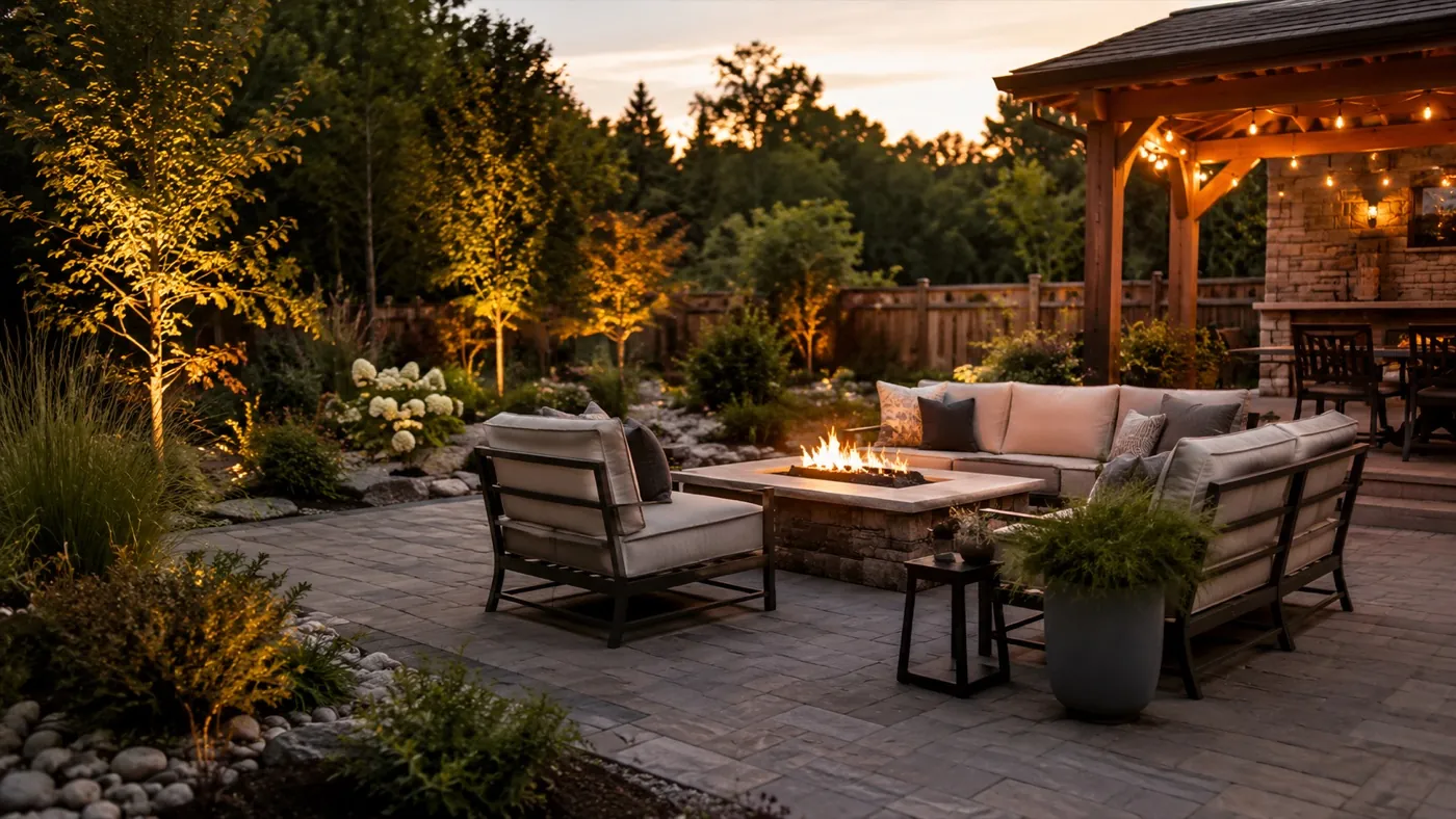 Outdoor landscape lighting illuminating a home's garden and walkway at dusk