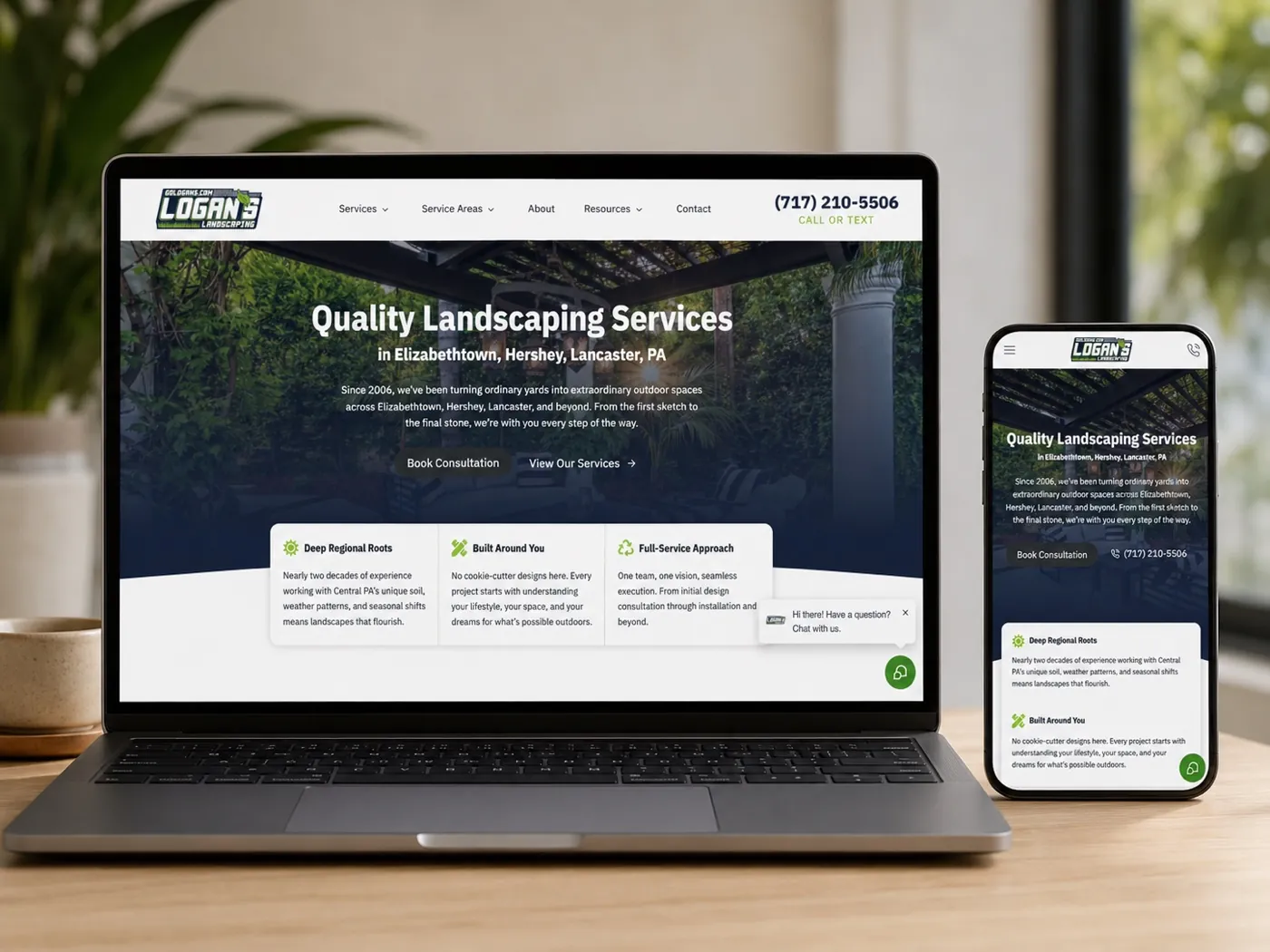 A custom landscaping company website shown on a laptop and phone, built to turn visitors into booked estimates